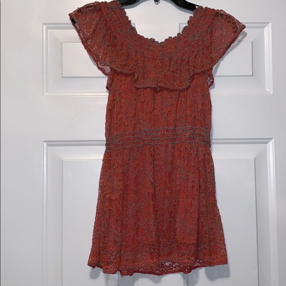 Mixture Lace Blouse Large Rust Orange Boho Off Shoulder Ruffle Top Feminine Chic - Picture 3 of 4